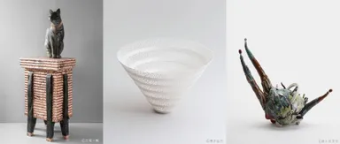 アーティストトークで登壇する工芸作家3名の作品(左から：三宅一樹、青木岳文、西久松友花)