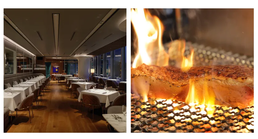 夜景を一望できる店内と国産 A5和牛もも肉の炭火焼き