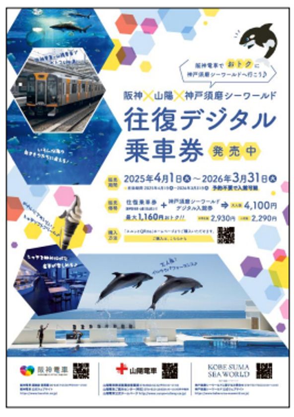阪神電車・山陽電車に乗って
神戸須磨シーワールドへデジタル乗車券でGO！
阪神・山陽・神戸須磨シーワールド
往復デジタル乗車券を発売します！