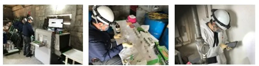 (左から順に)X線装置によるコンデンサ形状確認、スクリーニング検査によるPCB漏洩確認、エコマネージDXでのデータ登録作業