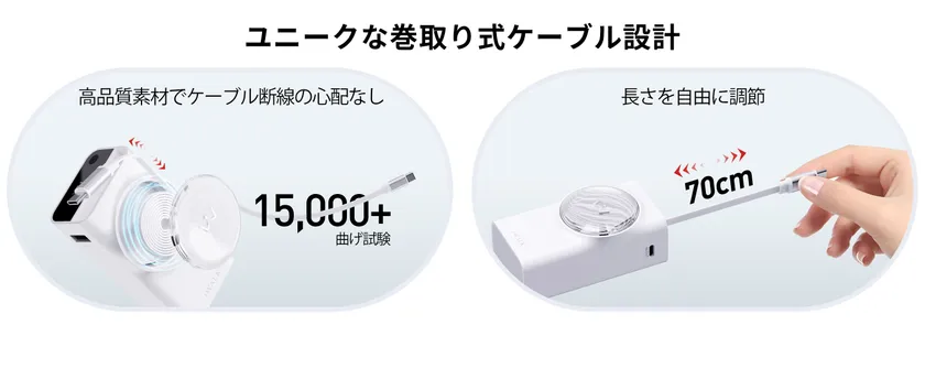 ユニークな巻取り式ケーブル設計