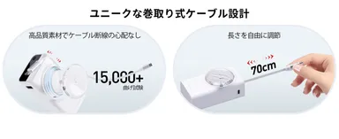 ユニークな巻取り式ケーブル設計