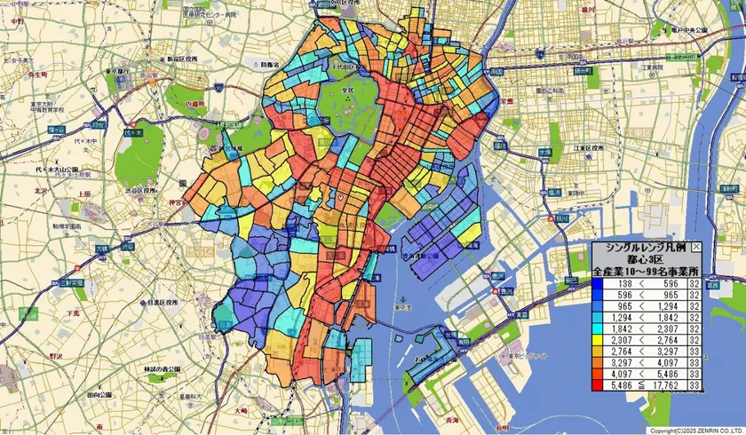 都心3区の従業員数10~99名の企業数を可視化した図