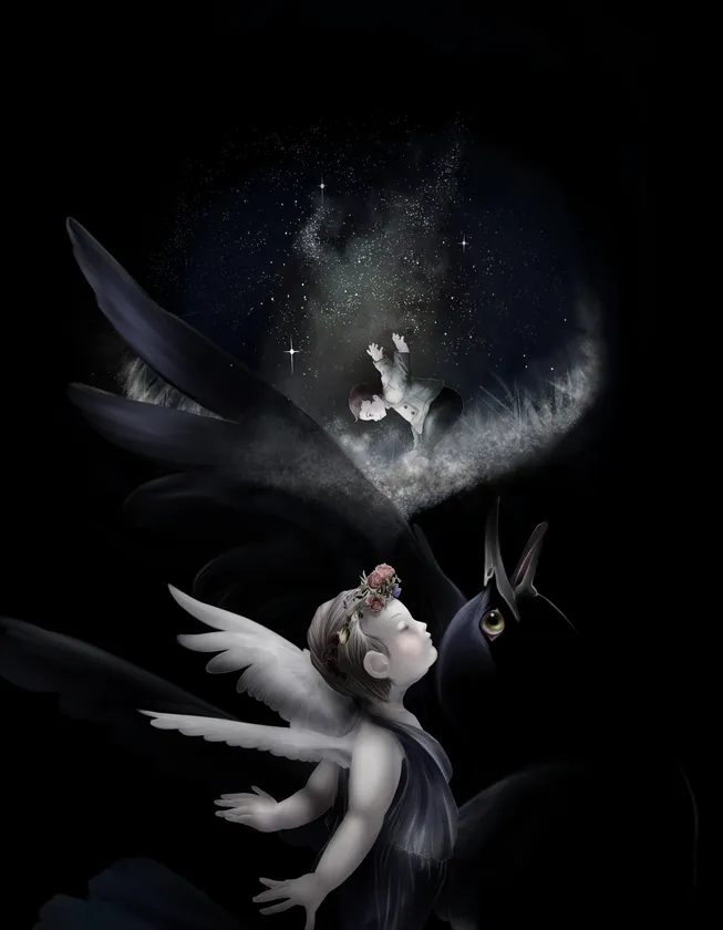 掲載作品の一例。幻想風景を得意とする黒基調が郷崎作品の特徴のひとつ