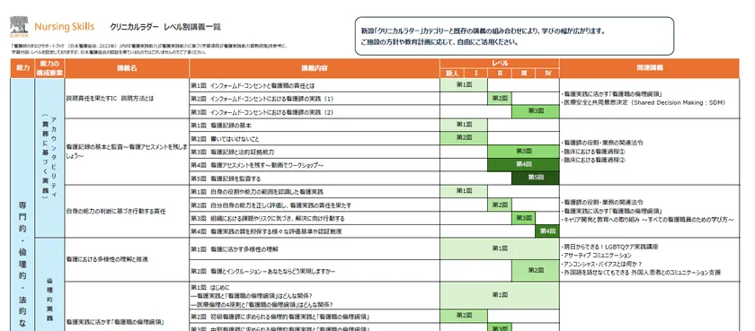 ナーシング・スキルラダー_レベル別講義一覧_抜粋画面