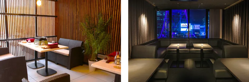 【ルーフフロア】雨でも利用可能なビアガーデン席、【アフターバー】BBQの後は涼しい屋内へ