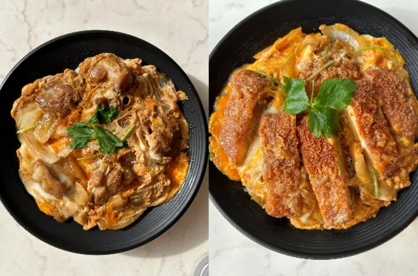 (左)天てり卵の親子丼/(右)天てり卵のかつ丼