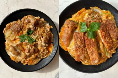 (左)天てり卵の親子丼／(右)天てり卵のかつ丼