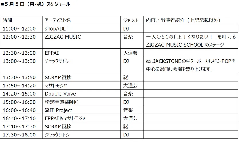 5月5日(月・祝)スケジュール