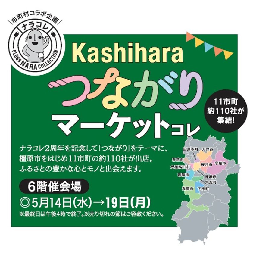近鉄百貨店橿原店
「プラグス　マーケット近鉄橿原店」オープン2周年記念
「Kashiharaつながりマーケットコレ」を６階催会場にて開催
奈良県内の11市町、約110社の商品をご紹介します。