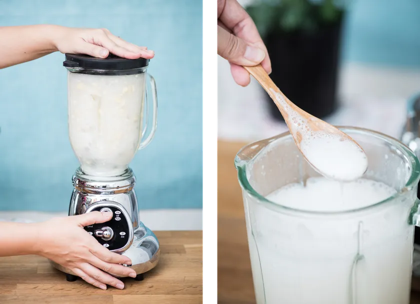 (2)アーモンドをミキサーで撹拌する