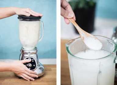 (2)アーモンドをミキサーで撹拌する