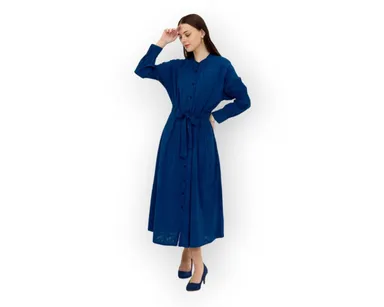 藍染めシャーリング袖ワンピース