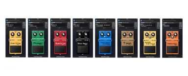 『BOSS Effects Pedals』 各モデルの画面イメージ　左から「OD-1」、「PH-1」、「SP-1」、「SG-1」、「CS-1」、「TW-1」、「SD-1」、「DS-1」