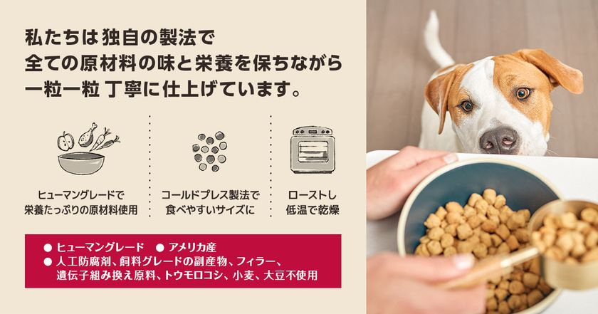 オネストキッチン クランチの独自製法について。 ヒューマングレードで全ての原材料の味と栄養を保ちながら丁寧にコールドプレス製法で食べやすいサイズにし、ローストし低温で乾燥させて仕上げています。 