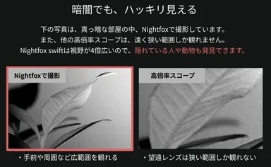 Nightfoxと高倍率スコープの視野の違いを比較した暗所撮影画像