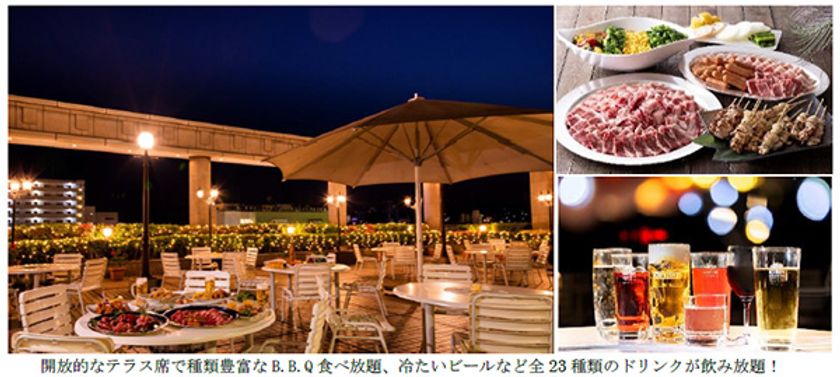 【夏の恒例イベント】
海からの風を感じる開放的な空間でB.B.Q！
月替わりメニューも楽しい 
お肉を堪能「ビアガーデン」
6月7日（土）より6階 屋外テラスにてオープン