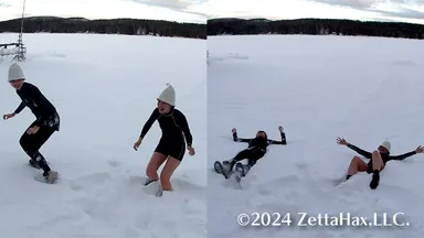 凍った湖の上で雪に飛び込む