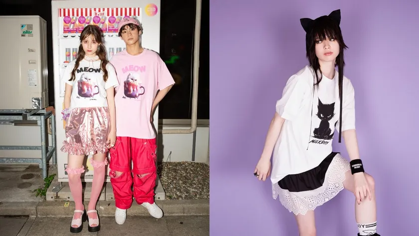 左)Tシャツ 7,920円 右)Tシャツ 6,930円 バブーシュカ 7,700円 スカート 19,800円(全て税込み)