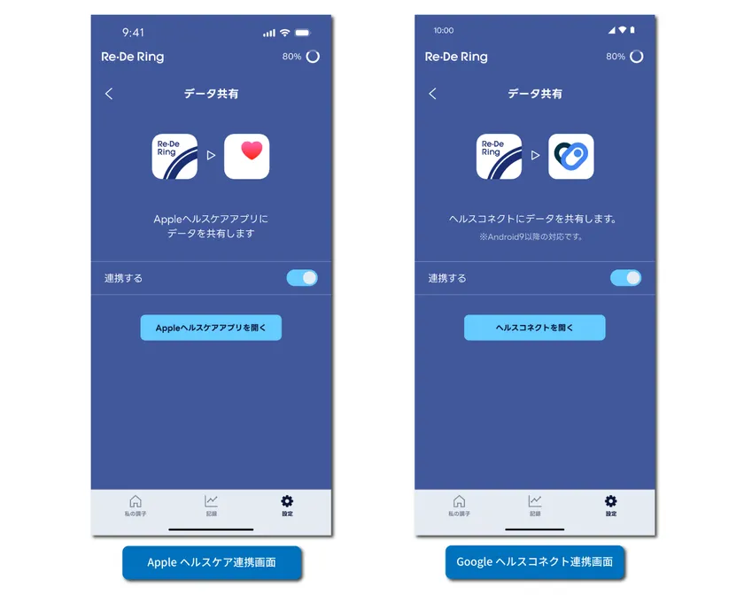AppleヘルスケアおよびGoogleヘルスコネクト連携(画面イメージ)