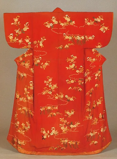 紅縮緬絞り刺繍花模様小袖(河北町紅花資料館蔵)【前期】