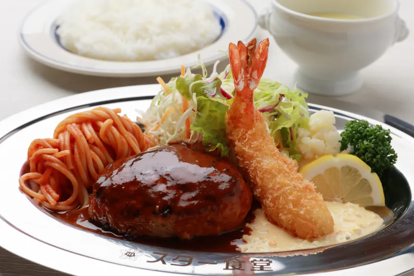 ハンバーグとエビフライ デミグラスソース