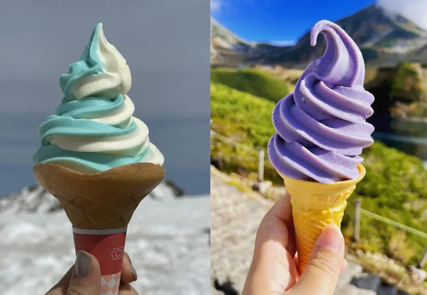 みくりが池ソフト(左)とブルーベリーソフト(右)