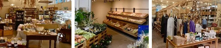 店内写真左から、Slow food_YAMAGA、里の駅やまが、Slow Town.