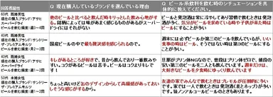 「カスタマー・ターゲティングアンケート」定性データ例：一次調査時に発泡酒・第三のビールを購入しており、直近はビールを購入した回答者の意見を抽出