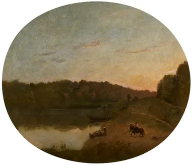 ジャン＝バティスト＝カミーユ・コロー《ヴィル=ダヴレーの池（洗濯女たちと水飼場に来る馬）》1847年　栃木県立美術館