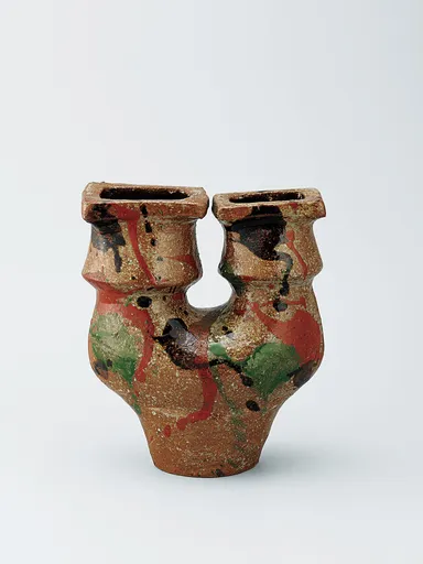 (4)河井寛次郎「三色打薬双頭扁壺」1961年／昭和36年　河井寛次郎記念館蔵