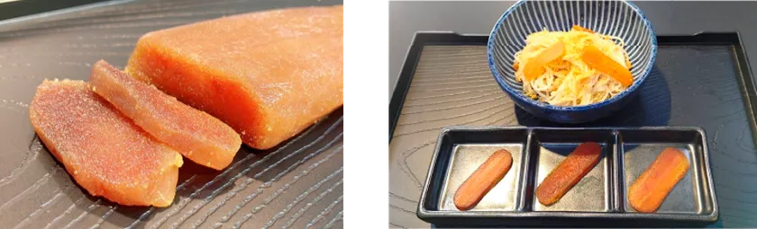 酒粕仕立てのからすみ/「からすみそうめん」(上)と「産地別からすみ食べ比べセット」(下)