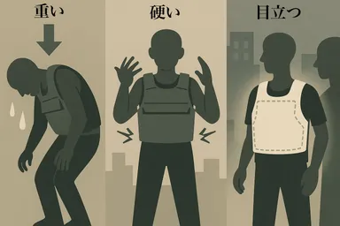 従来の防刃ベストは「重い」「硬い」「目立つ」