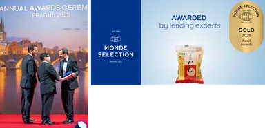 (左)プラハ(※チェコ共和国)式典で受賞した瞬間の様子　(右)2025年度優秀品質金賞、16年連続受賞「ちからのだし」