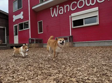 走る柴犬と子犬