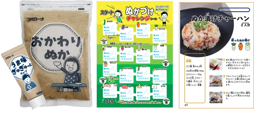 (左)アレンジ素材 (中)チャレンジシート (右)レシピ集抜粋