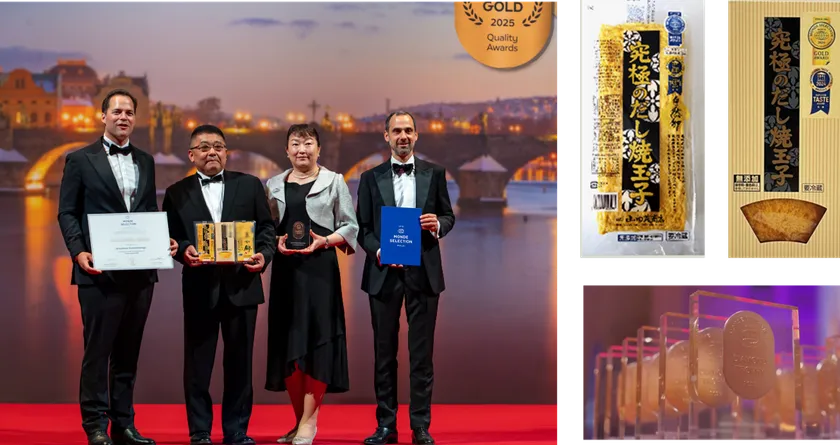 プラハ(※チェコ共和国)での式典の様子/金賞を連続受賞した『究極のだし焼玉子』(右上) 3年連続最高金賞または金賞受賞に授与される『ダイヤモンド・トロフィー』(右下)