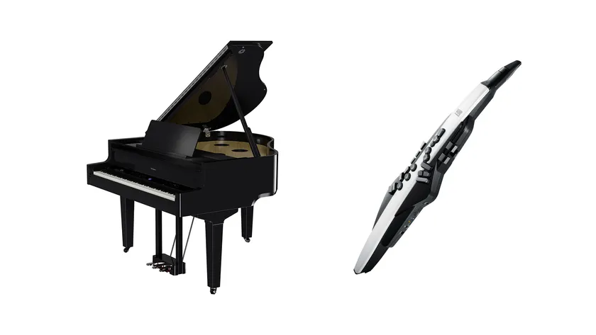 当日演奏する製品の一例 デジタル・グランドピアノ「GP-9」(左)、電子管楽器「エアロフォン AE-20」(右)