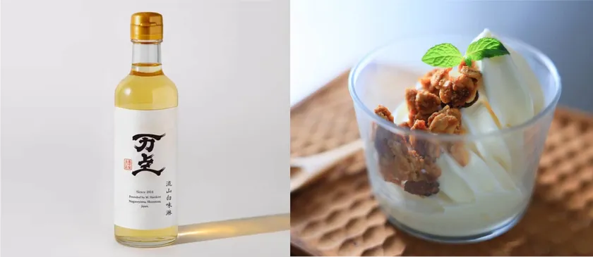 左から「万上流山白味醂」、ミュージアム限定販売の「白みりんソフトクリーム」