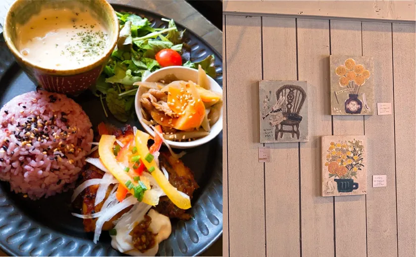 (左から)「季節野菜と糀のごはんプレート」、常設展示中のハモニコ絵本さんの原画パネルなど、アート作品も楽しめます