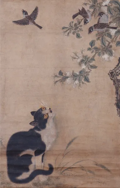 画像4　雀猫図軸