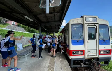 競技中に三陸鉄道で移動