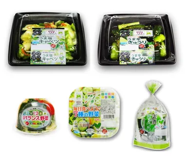左上から「スグ食べ ザク切りうま塩キャベツ」「スグ食べ パリパリうま辛きゅうり」「浅漬 バランス野菜」「毎日食べよう♪　7種の野菜 五穀酢入り」「浅漬 きゅうり」