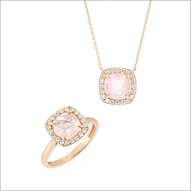 K18PG ローズクオーツ ダイヤモンド ネックレス、リング