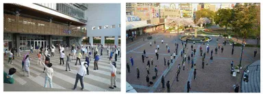 ラジオ体操会の様子（左＝御影駅前、右＝尼崎駅前）