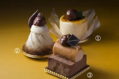 (1)マロンのシブースト／(2)和栗のモンブラン／(3)ショコラ・マロン