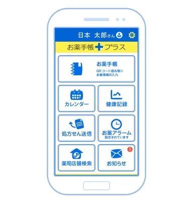 「お薬手帳プラス」スマートフォントップ画面イメージ