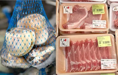 九十九里地ハマグリ(左)千葉県産いも豚(右)