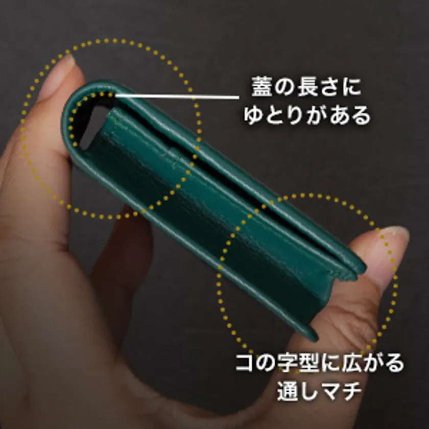 特徴(2)-1:収納枚数に応じてフィットする「柔軟な蓋」と「コの字型のマチ」