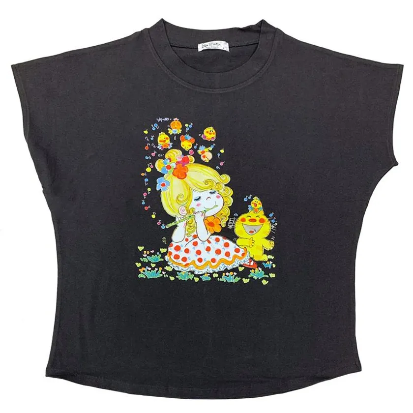 音楽柄フレンチ袖天竺Tシャツ チャコール